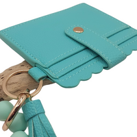 Bright Teal Beaded Leather Wrist Card Purse