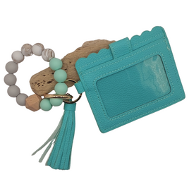 Bright Teal Beaded Leather Wrist Card Purse