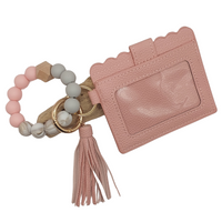 Pastel Pink Beaded Leather Wrist Card Purse