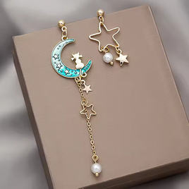 Cat and Moon Charm Earrings